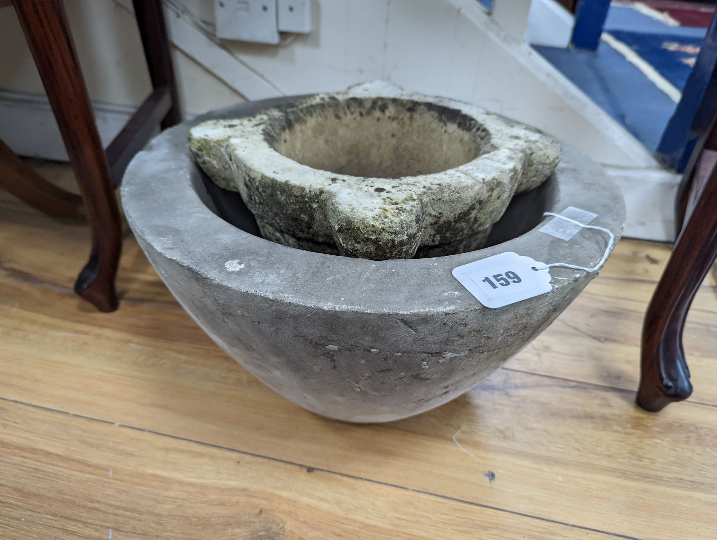 A large marble bowl and a marble mortar, larger diameter 38cm, height 21cm